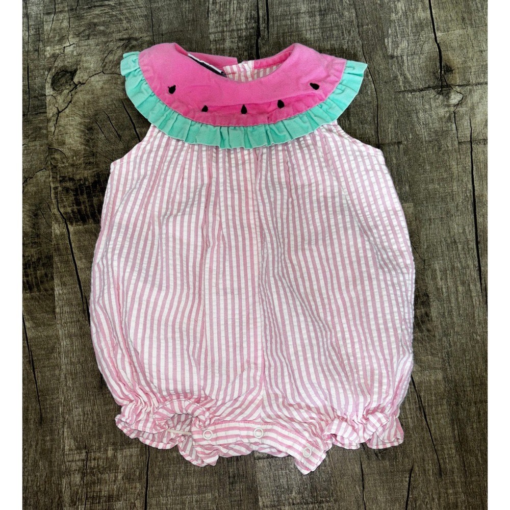 Vintage Samara Baby Seersucker Watermelon Bubble Romper Pink White Stripe 6/9M